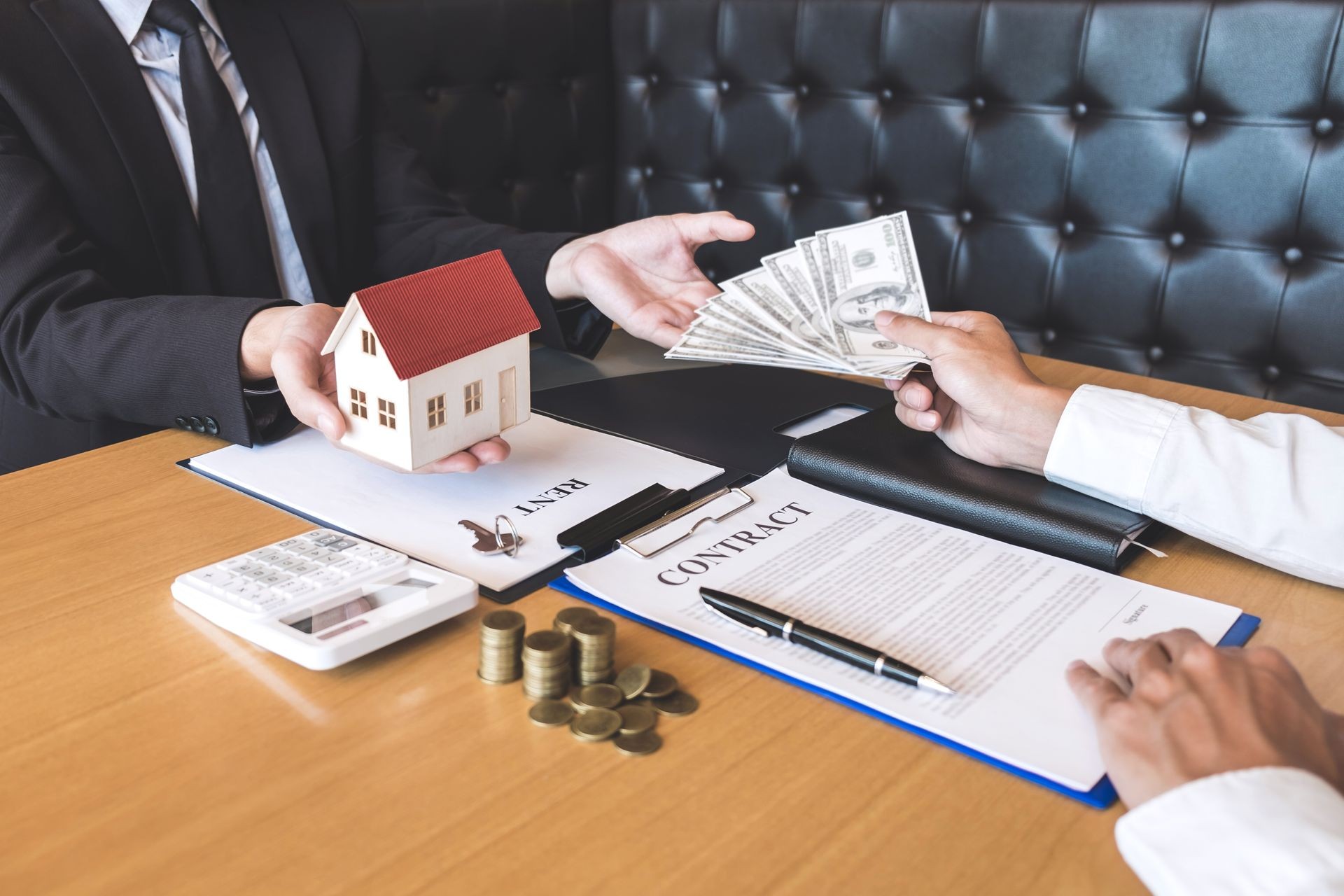 Estate agent broker receive money from client after signing agreement contract real estate with approved mortgage application form, buying or concerning mortgage loan offer for and house insurance.